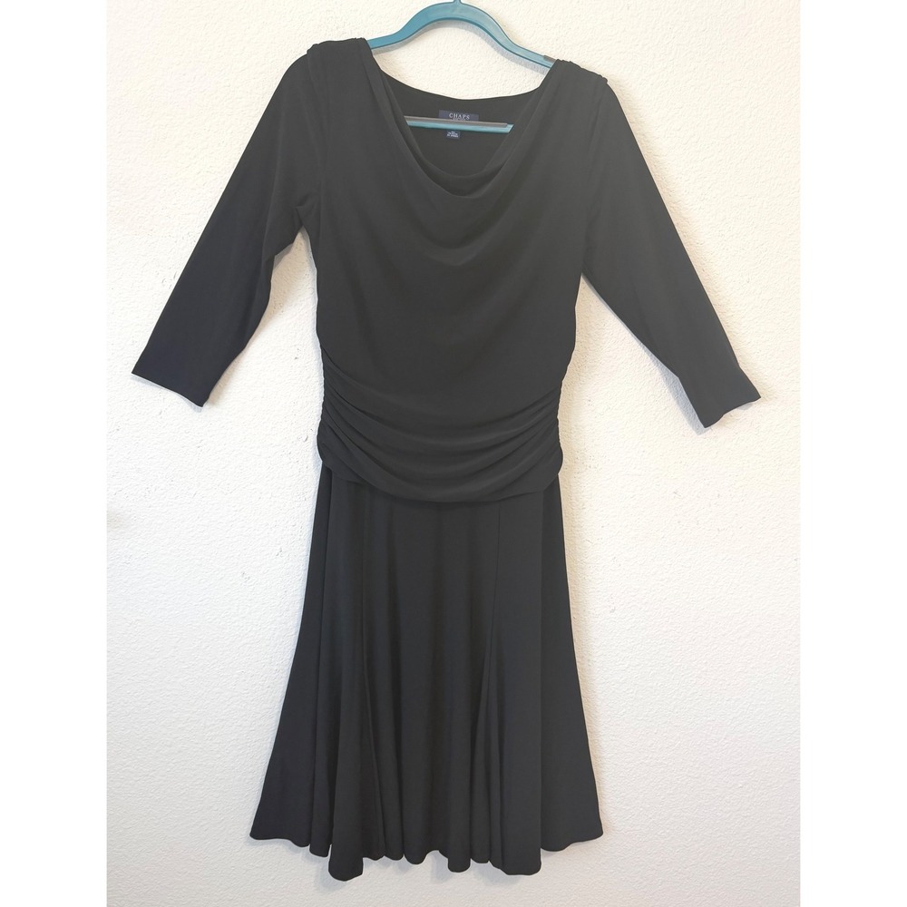 Chaps Long Sleeve Black Midi Dress Ruched Waist Waterfall Neck Large Party Dress